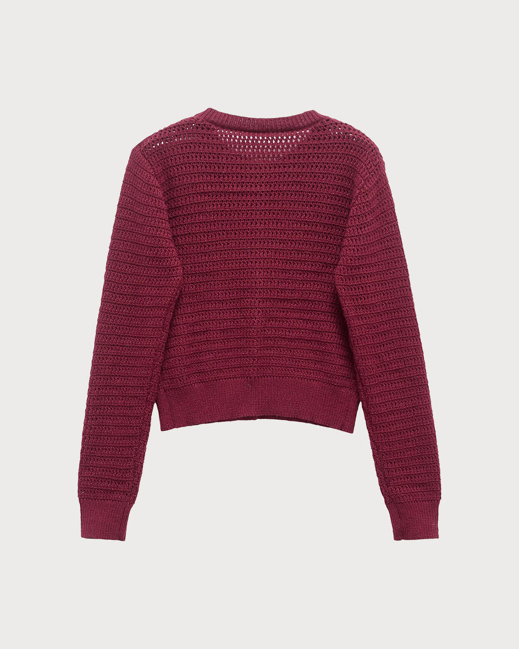 Wine Red Round Neck Knit Cardigan with Single Breasted Design