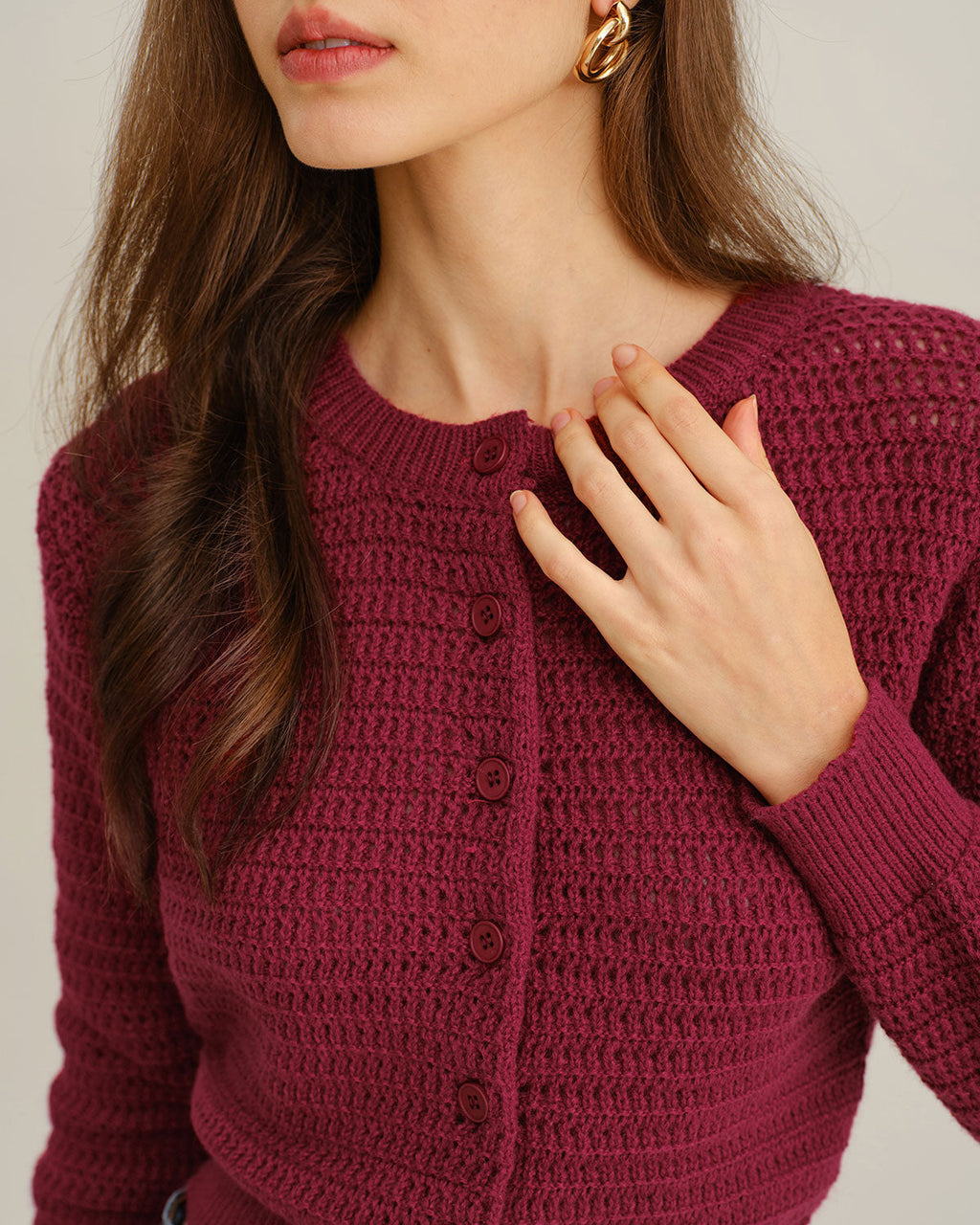 Wine Red Round Neck Knit Cardigan with Single Breasted Design