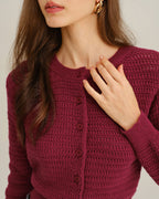 Wine Red Round Neck Knit Cardigan with Single Breasted Design