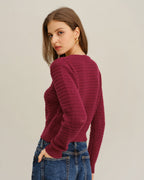 Wine Red Round Neck Knit Cardigan with Single Breasted Design