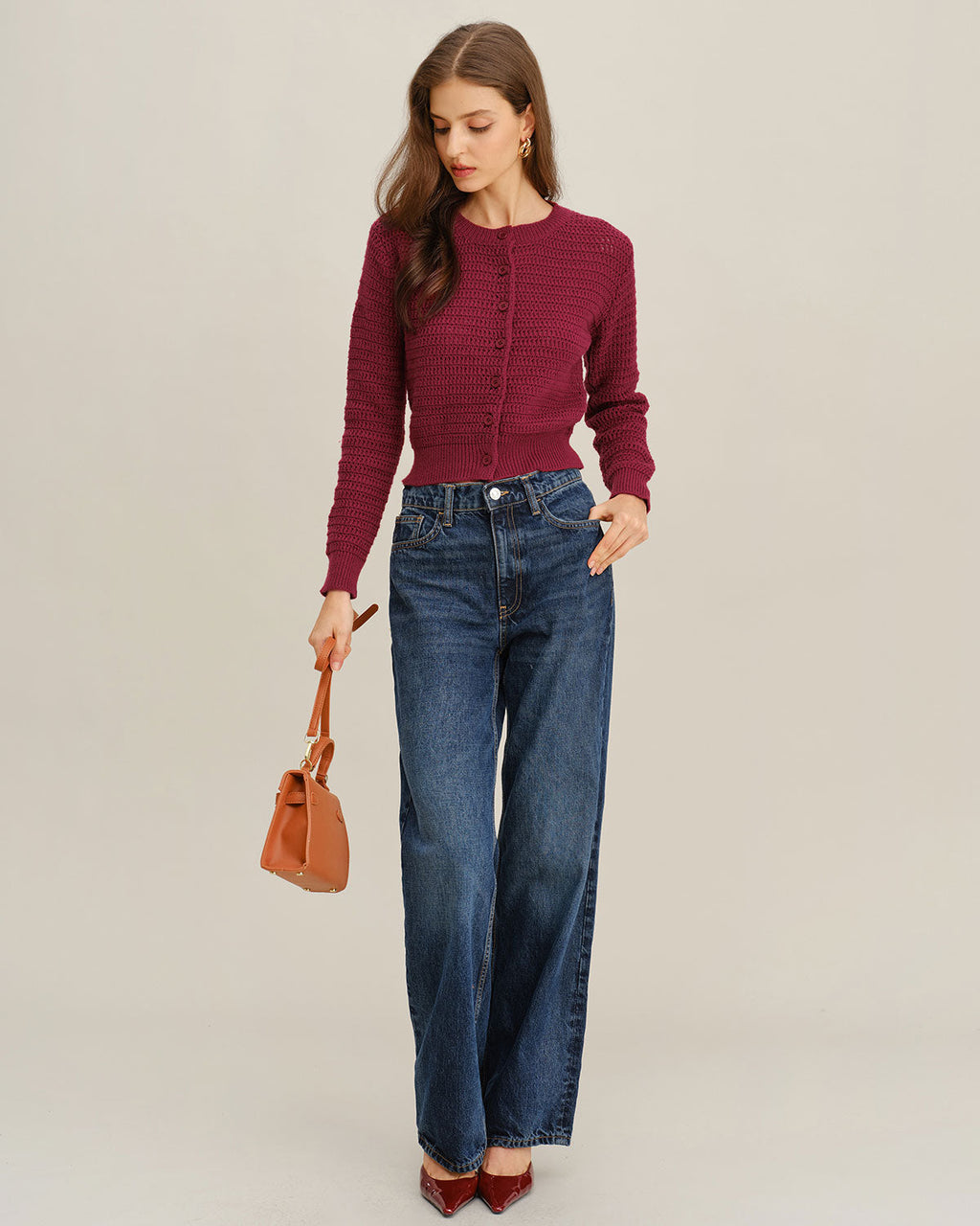 Wine Red Round Neck Knit Cardigan with Single Breasted Design