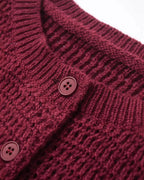 Wine Red Round Neck Knit Cardigan with Single Breasted Design