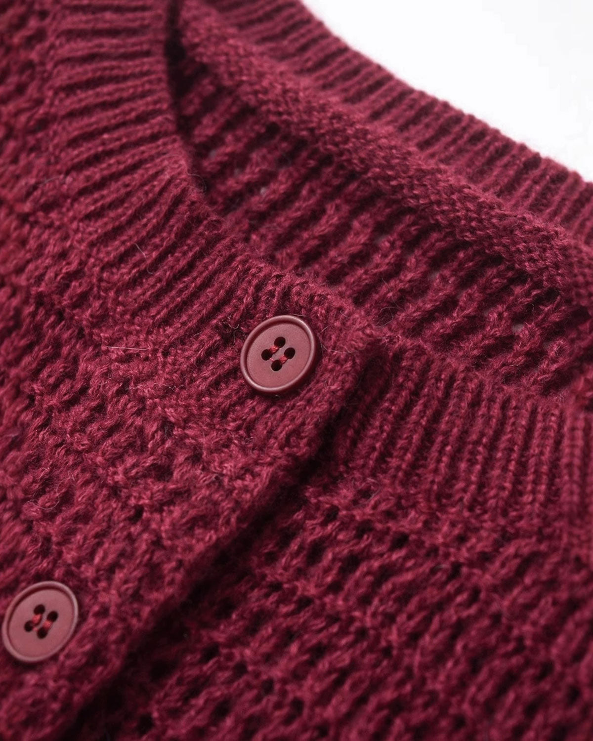 Wine Red Round Neck Knit Cardigan with Single Breasted Design