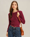Wine Red Round Neck Knit Cardigan with Single Breasted Design