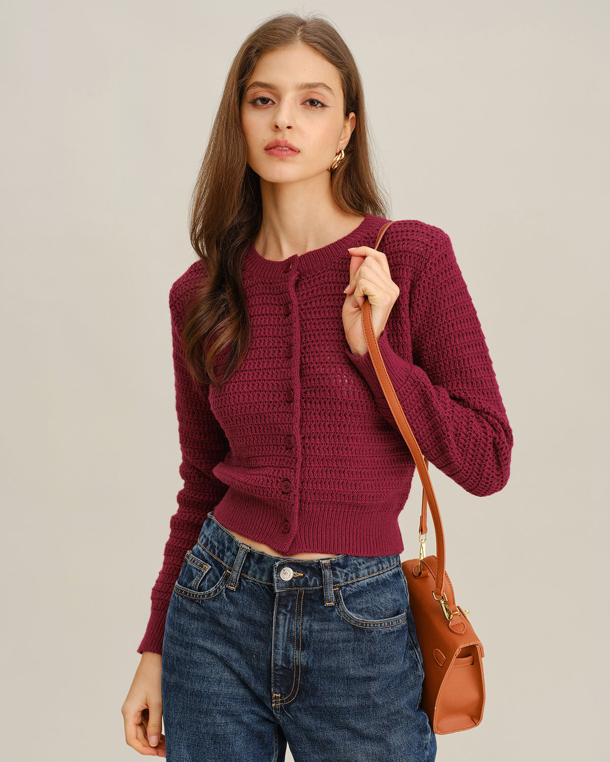 Wine Red Round Neck Knit Cardigan with Single Breasted Design
