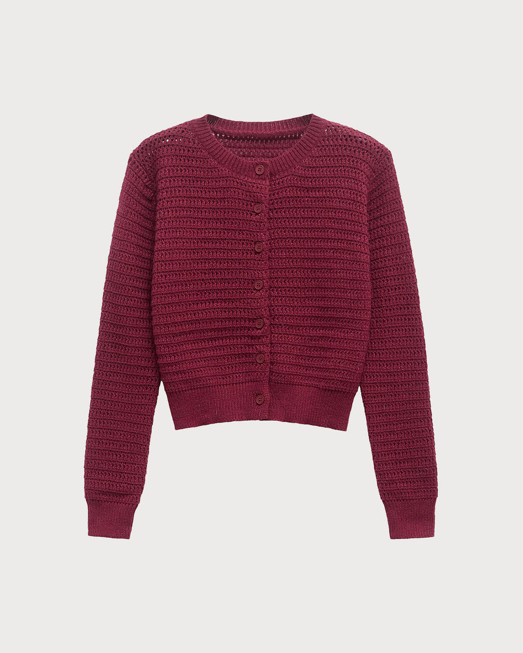 Wine Red Round Neck Knit Cardigan with Single Breasted Design