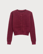 Wine Red Round Neck Knit Cardigan with Single Breasted Design