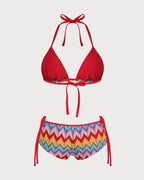 Contrasting Textured Red Halter Bikini Set