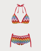 Contrasting Textured Red Halter Bikini Set