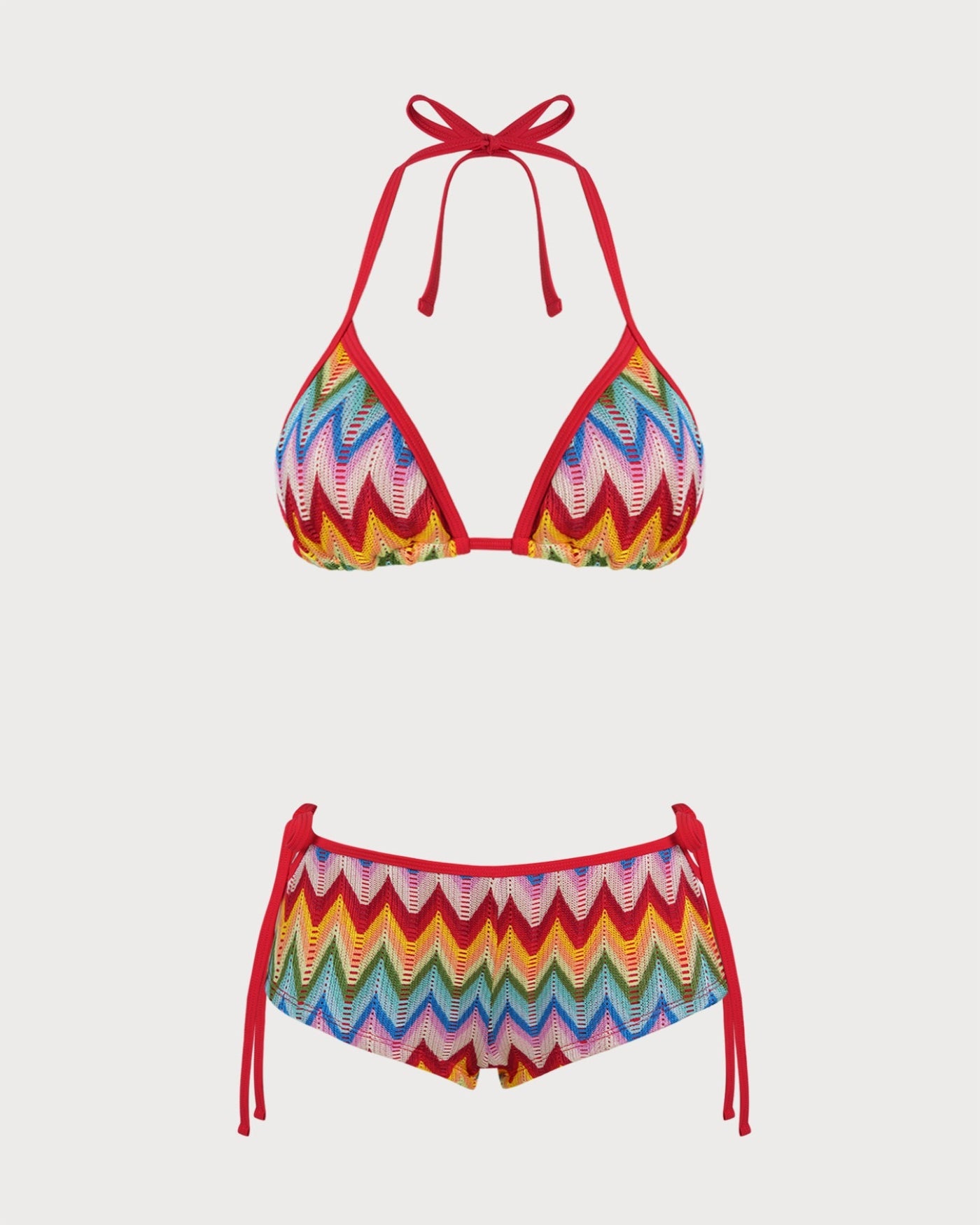 Contrasting Textured Red Halter Bikini Set