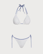 White Halter Neck Triangle Bikini Set with Contrasting Details
