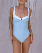 Contrasting Underwire One-Piece in Blue Textured Fabric