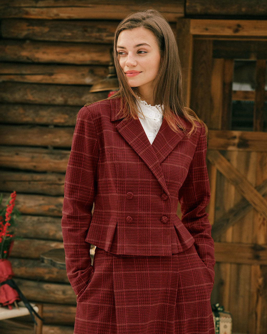Double-Breasted Red Plaid Blazer