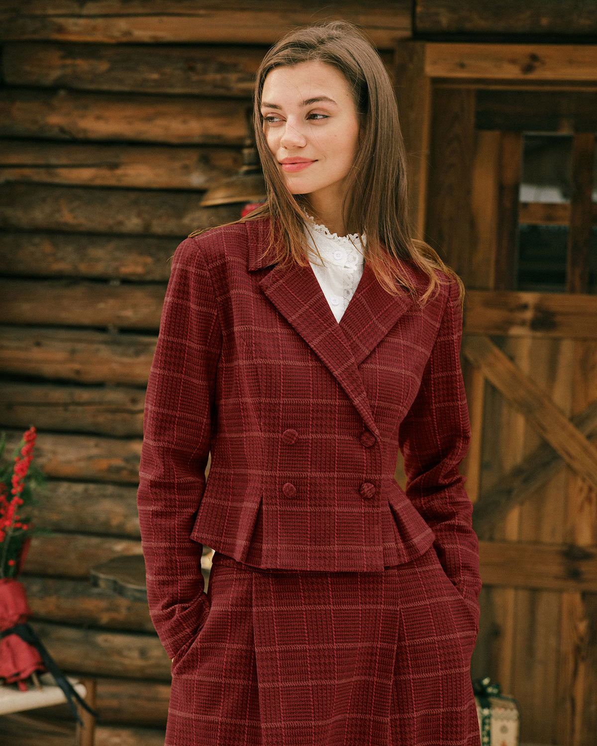Double-Breasted Red Plaid Blazer
