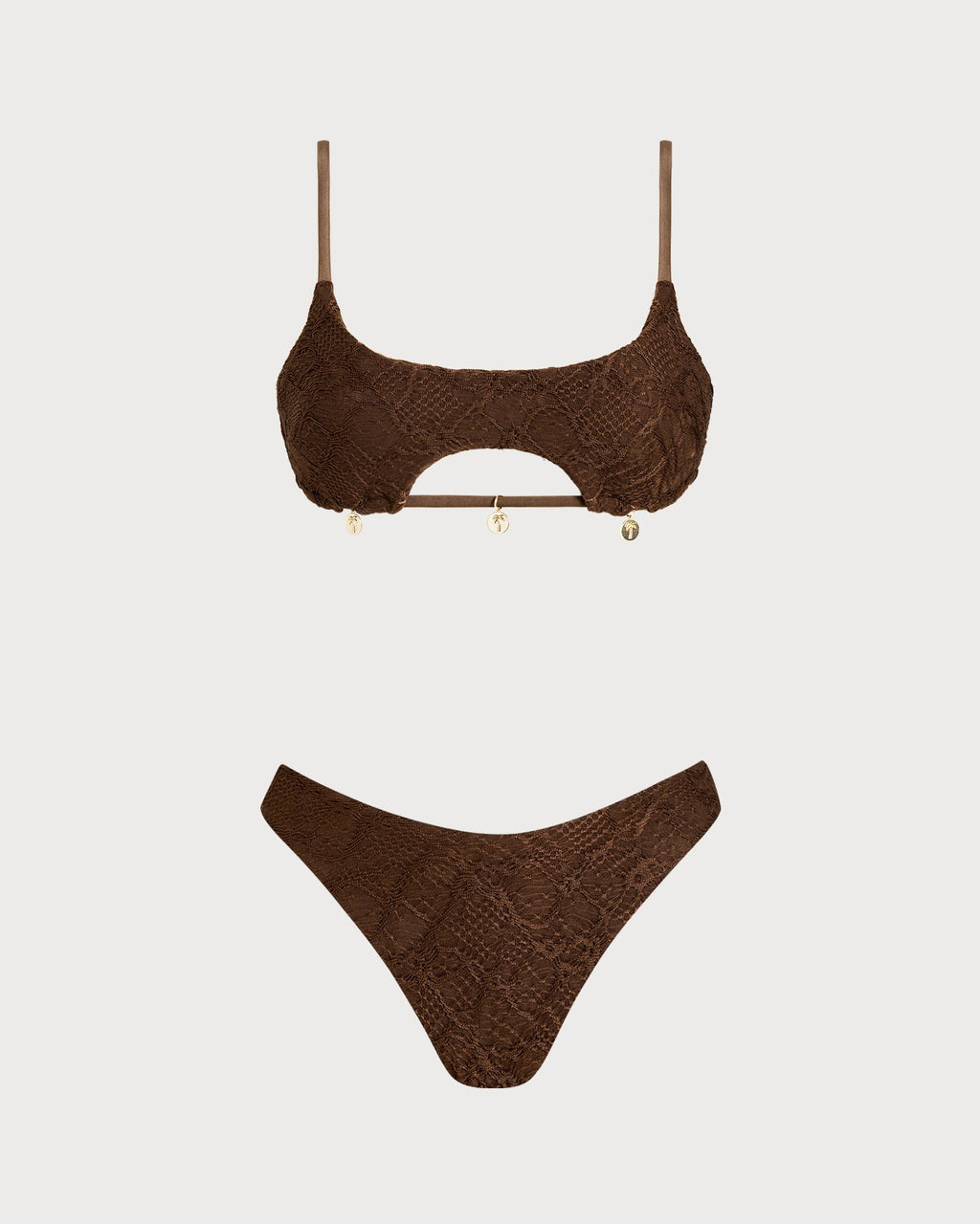 Textured Bandeau Bikini Set with Coffee Square Neck