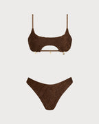 Textured Bandeau Bikini Set with Coffee Square Neck
