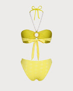 Yellow Jacquard Bandeau Bikini Set with Halter Neck