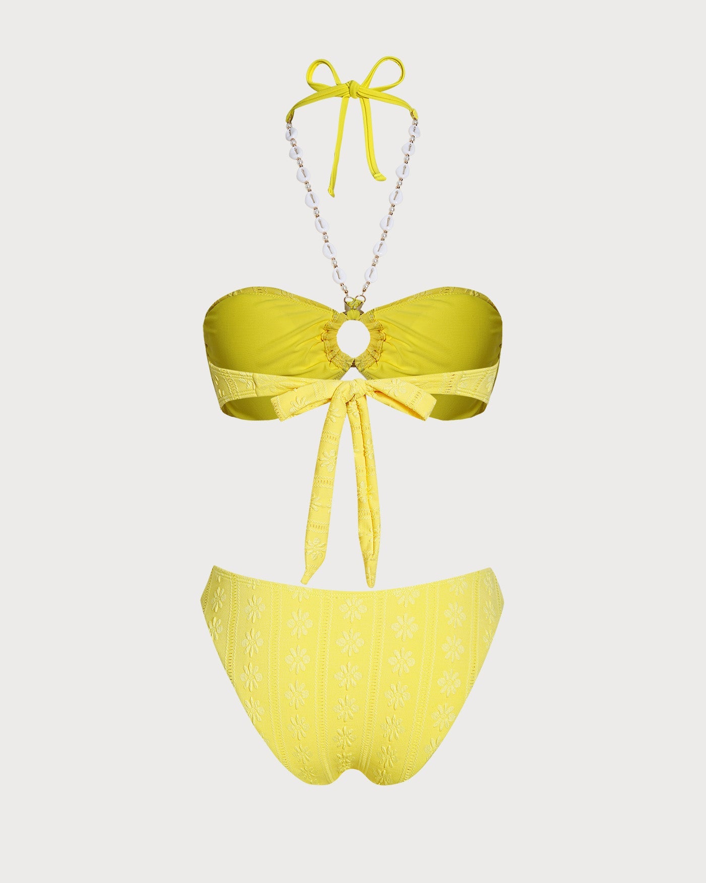 Yellow Jacquard Bandeau Bikini Set with Halter Neck