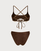 Textured Bandeau Bikini Set with Coffee Square Neck