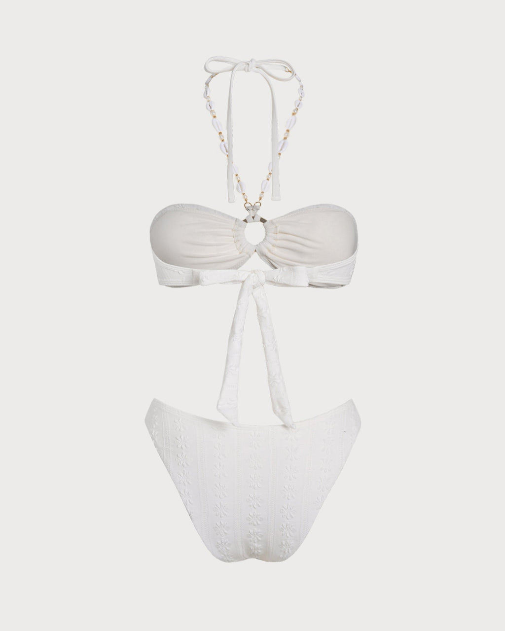 White Jacquard Bandeau Bikini Set with Halter Neck