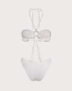 White Jacquard Bandeau Bikini Set with Halter Neck