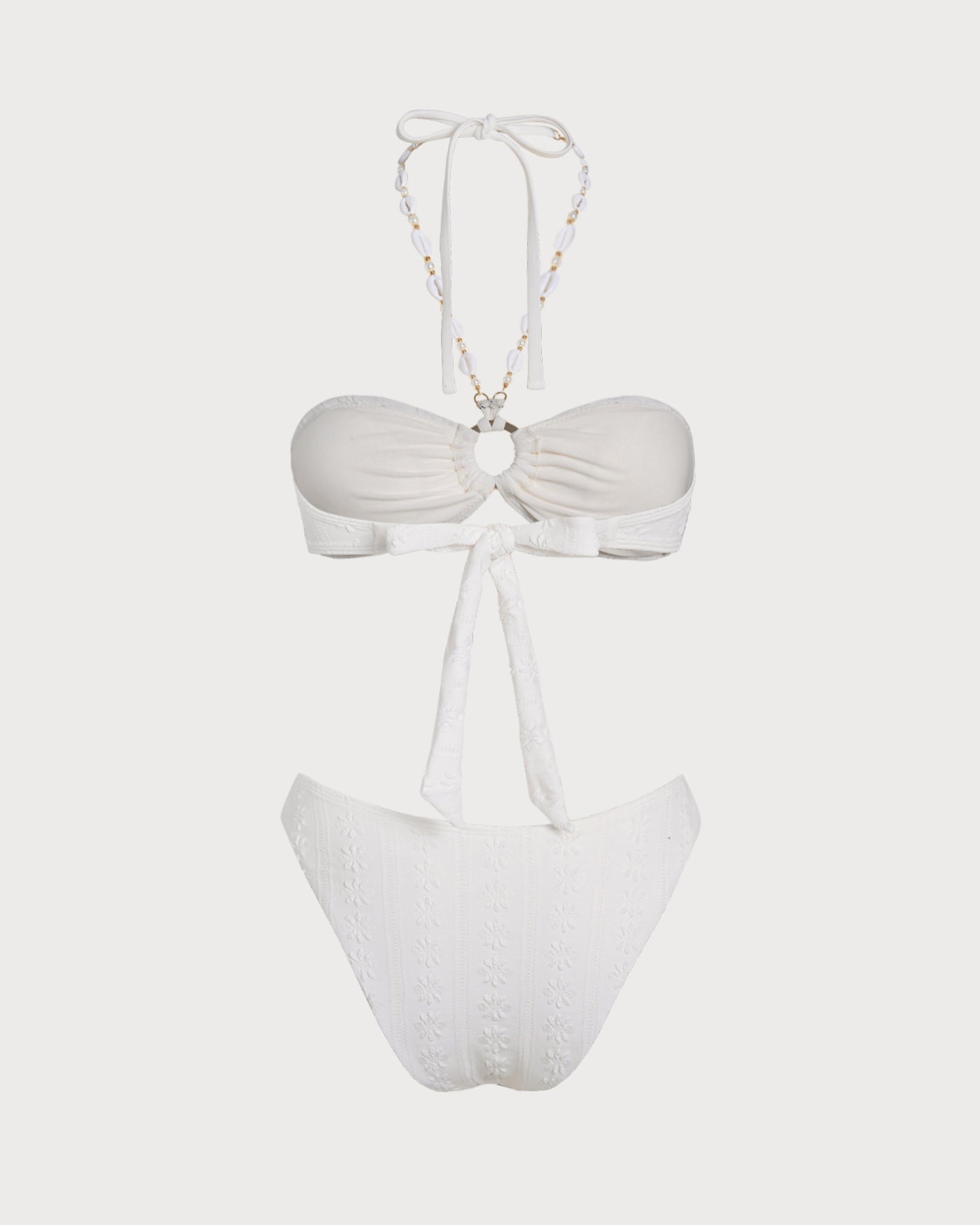 White Jacquard Bandeau Bikini Set with Halter Neck