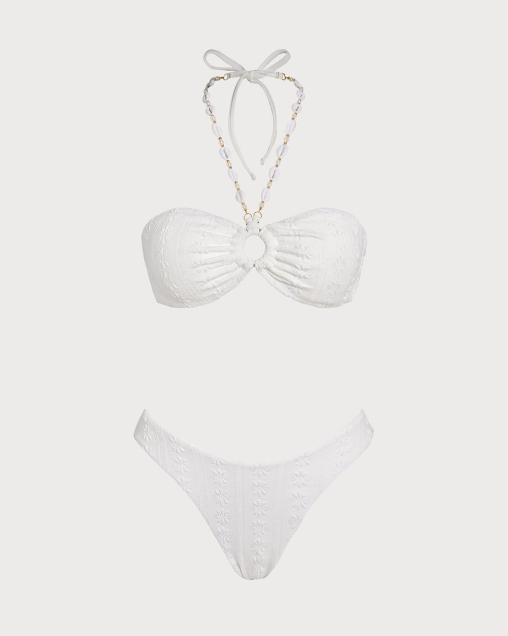 White Jacquard Bandeau Bikini Set with Halter Neck