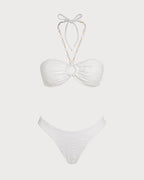 White Jacquard Bandeau Bikini Set with Halter Neck
