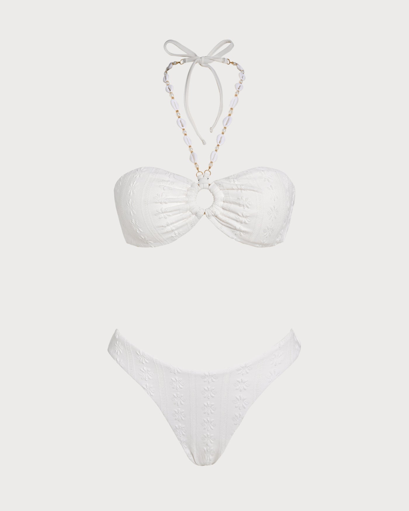 White Jacquard Bandeau Bikini Set with Halter Neck