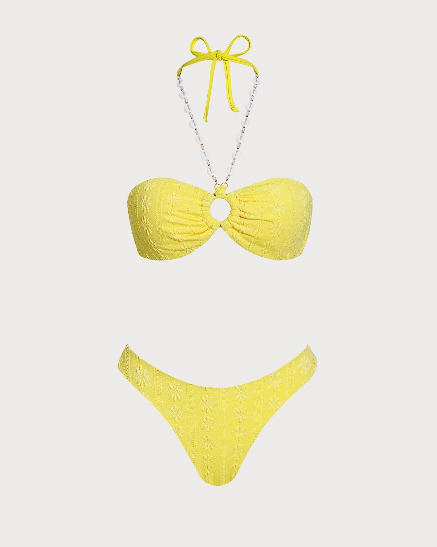 Yellow Jacquard Bandeau Bikini Set with Halter Neck