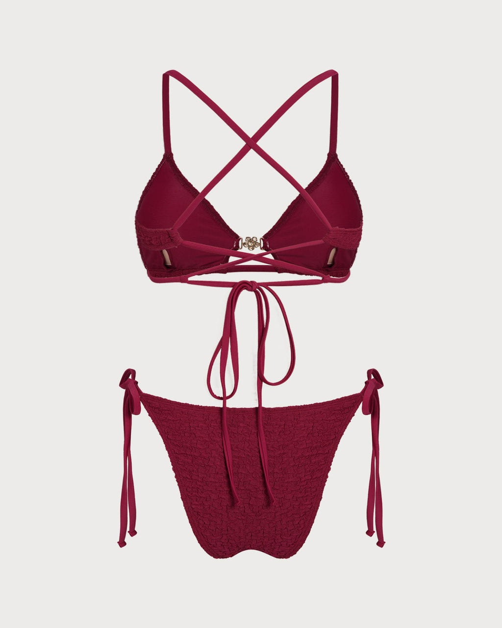 Textured Drawstring Bikini Set in Wine Red
