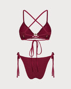 Textured Drawstring Bikini Set in Wine Red
