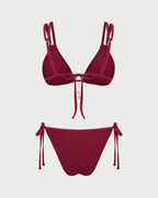 Textured Triangle Bikini Set in Wine Red