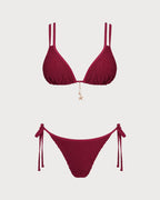 Textured Triangle Bikini Set in Wine Red