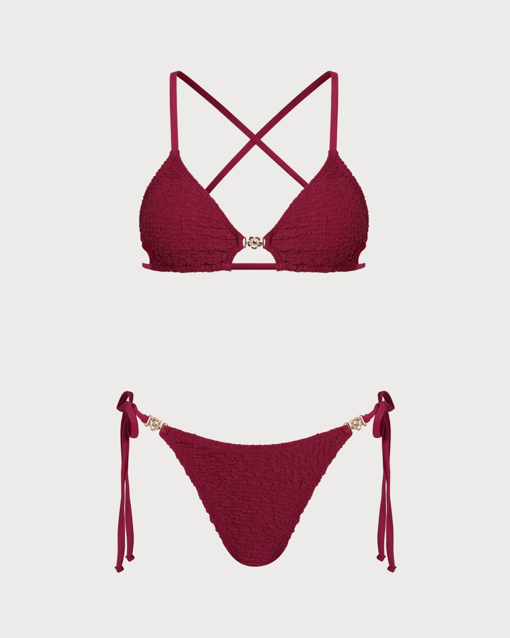 Textured Drawstring Bikini Set in Wine Red