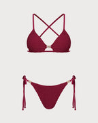 Textured Drawstring Bikini Set in Wine Red