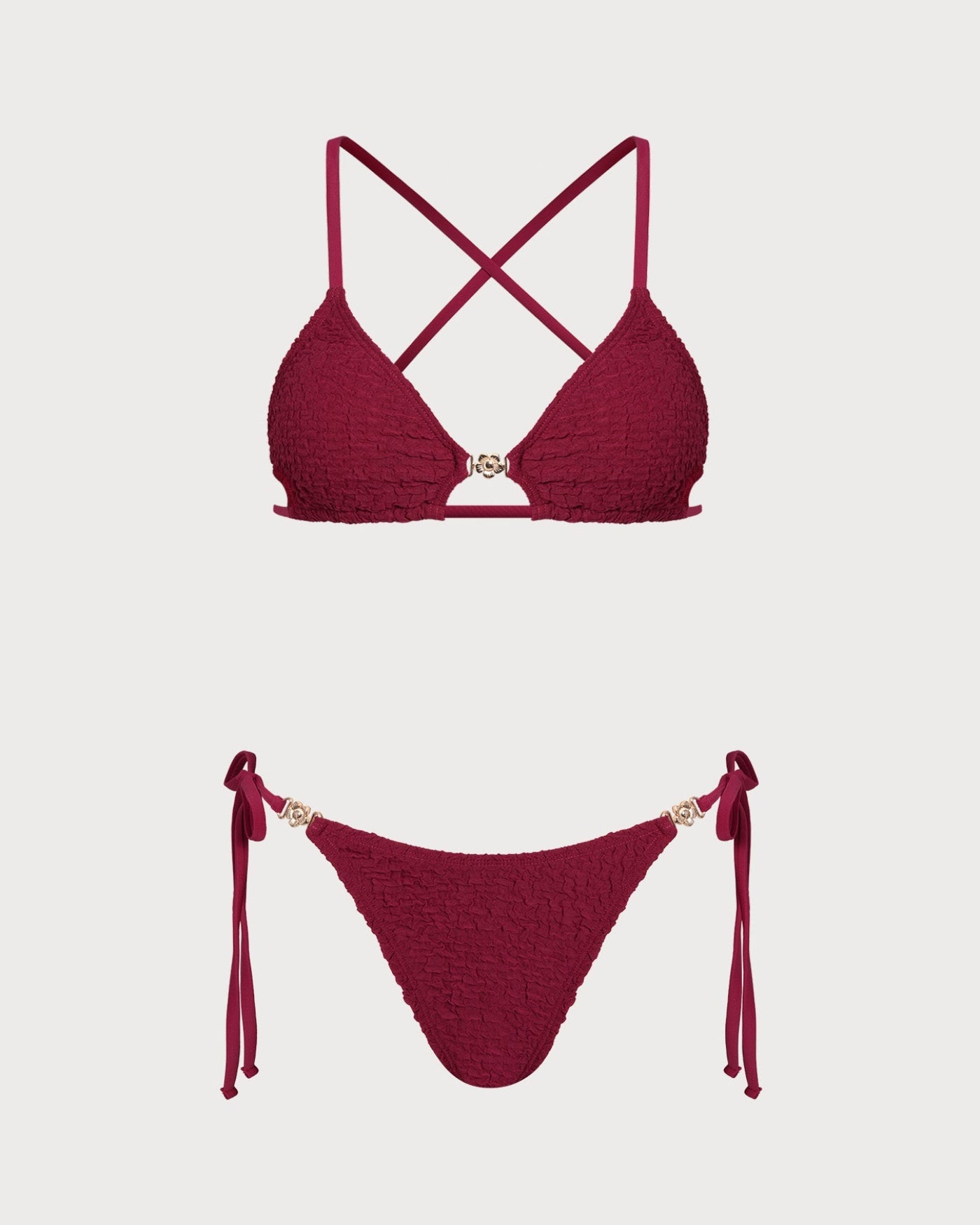 Textured Drawstring Bikini Set in Wine Red