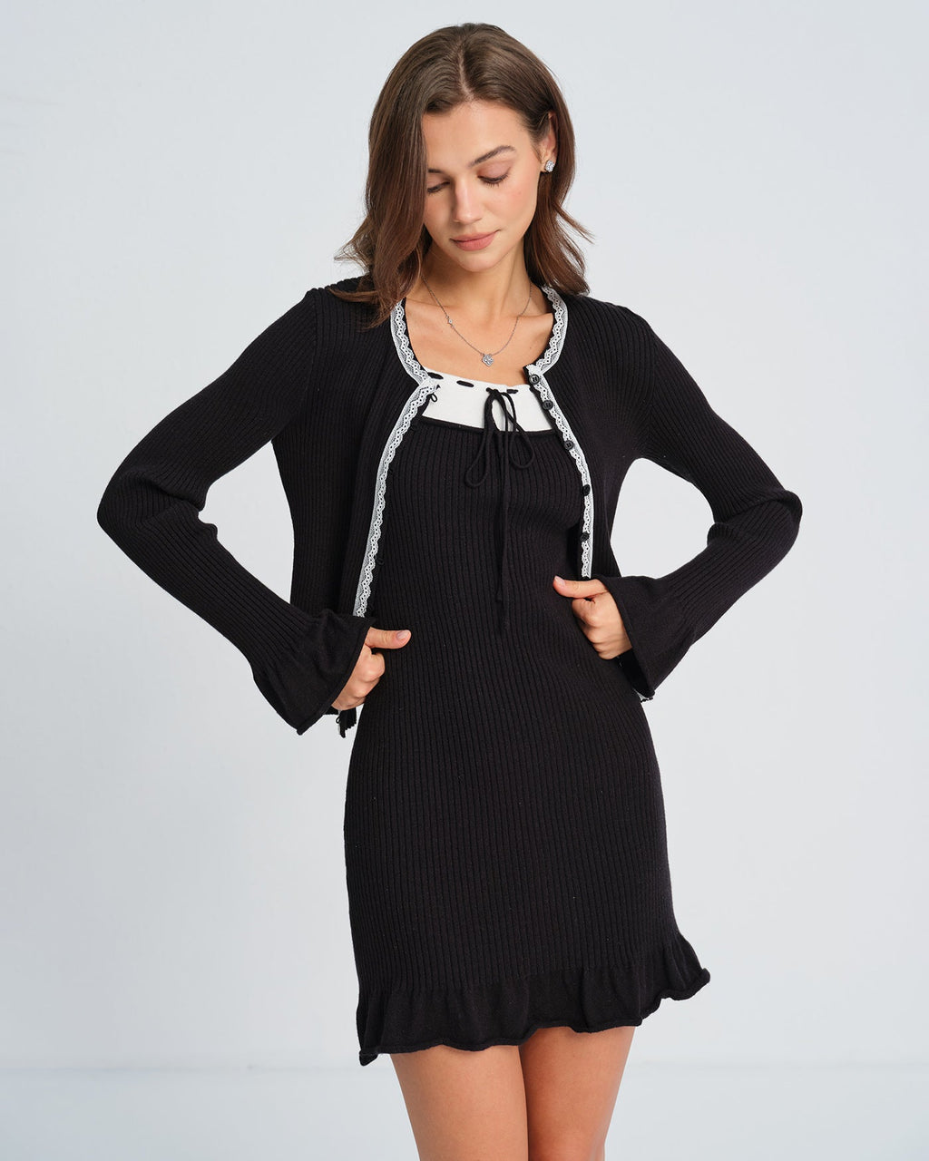 Black Knit Cardigan with Contrasting Bell Sleeves