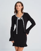 Black Knit Cardigan with Contrasting Bell Sleeves