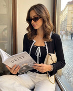 Black Knit Cardigan with Contrasting Bell Sleeves
