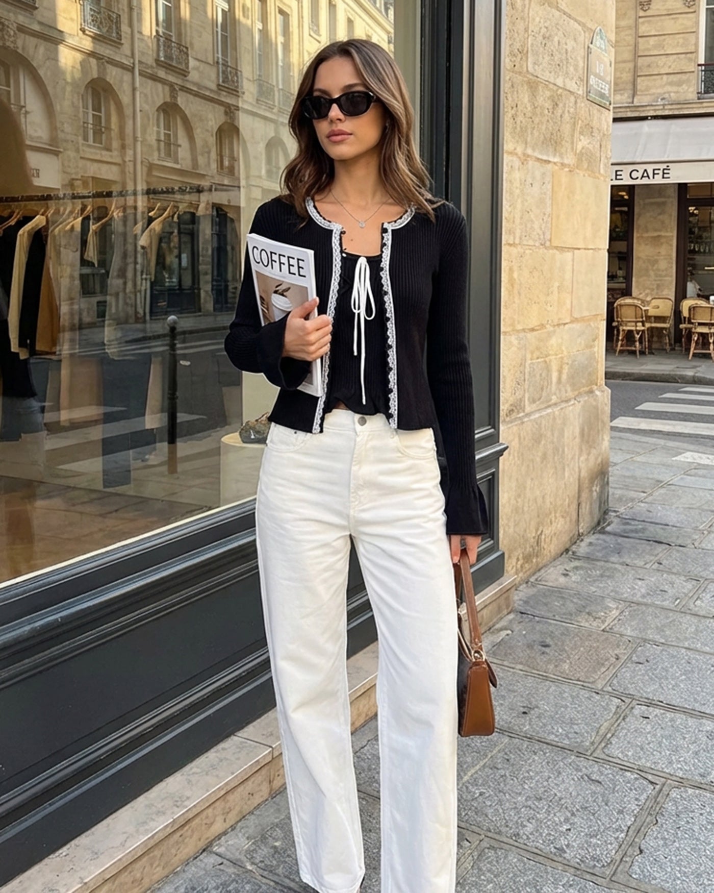 Black Knit Cardigan with Contrasting Bell Sleeves