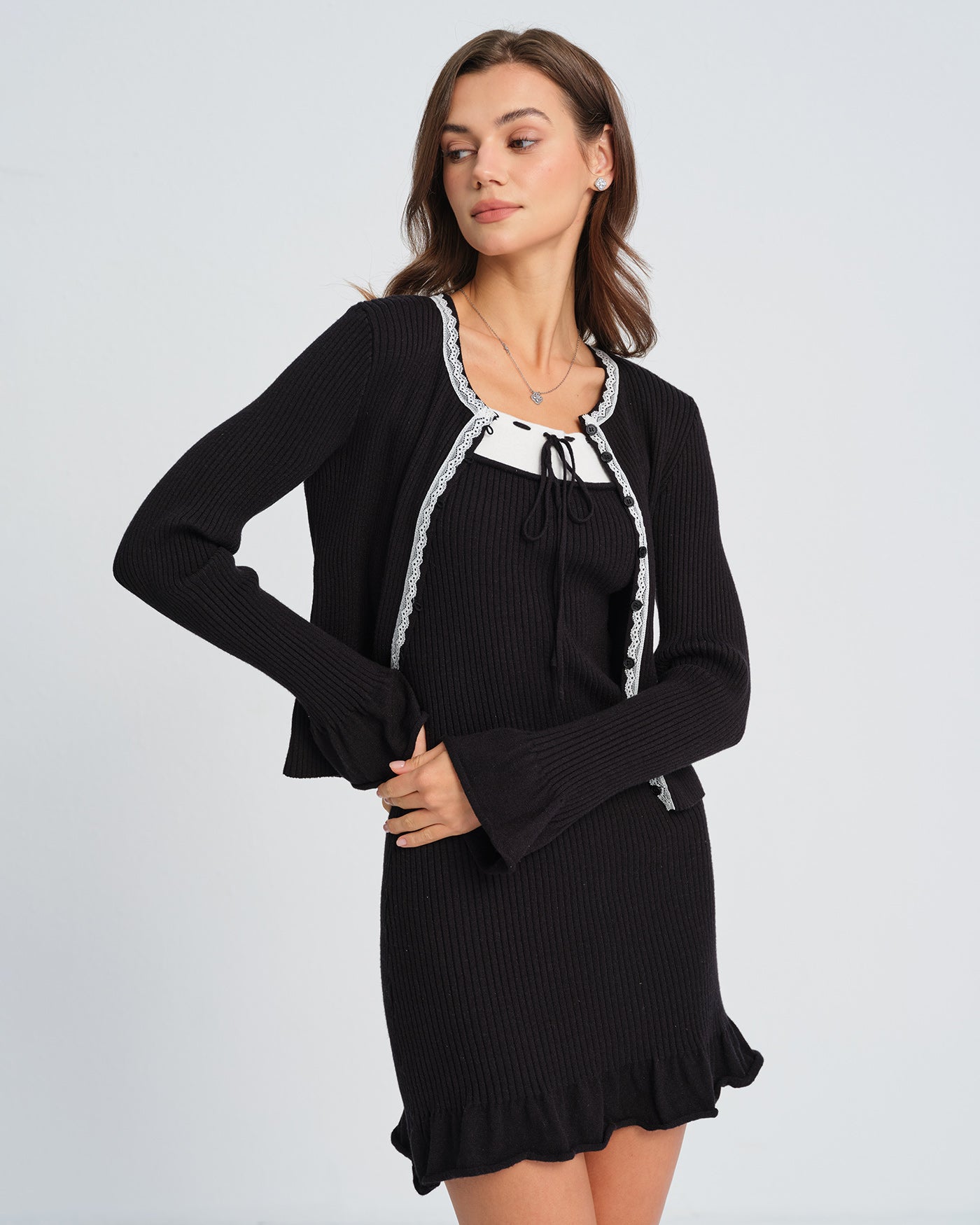 Black Knit Cardigan with Contrasting Bell Sleeves