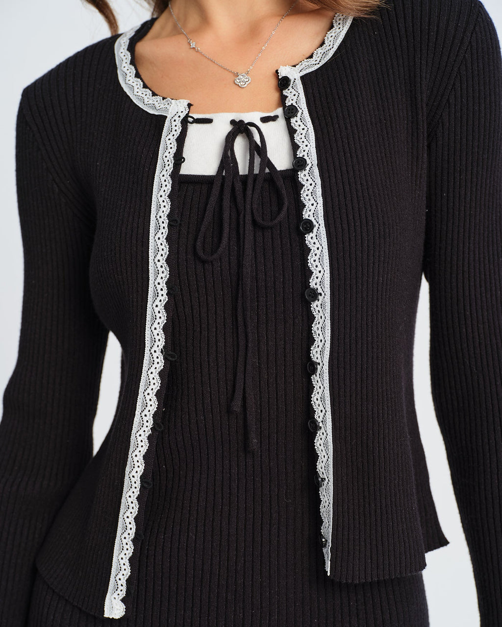 Black Knit Cardigan with Contrasting Bell Sleeves