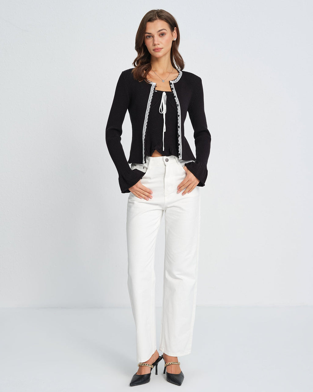 Black Knit Cardigan with Contrasting Bell Sleeves