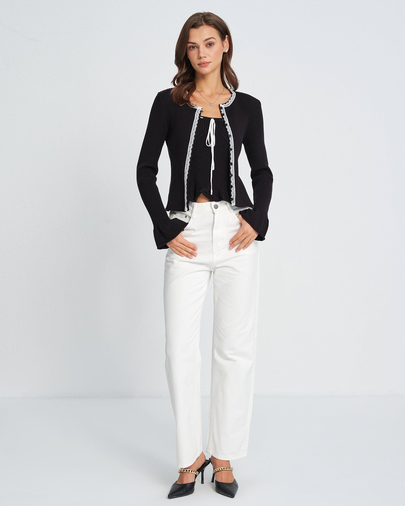 Black Knit Cardigan with Contrasting Bell Sleeves