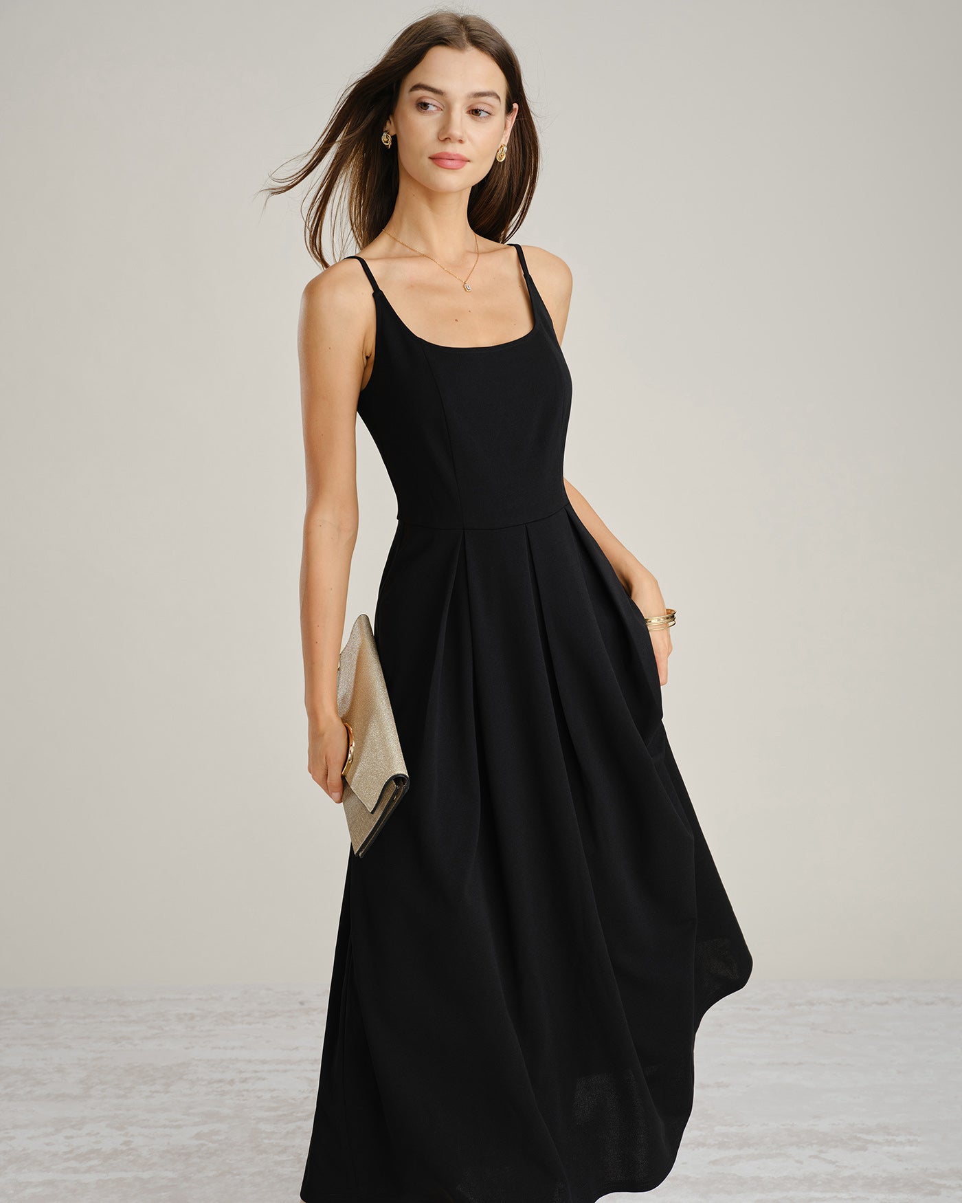 Black A-Line Maxi Dress with Ruched Slip Design