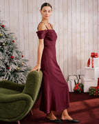 Off-the-Shoulder Maxi Dress in Wine Red