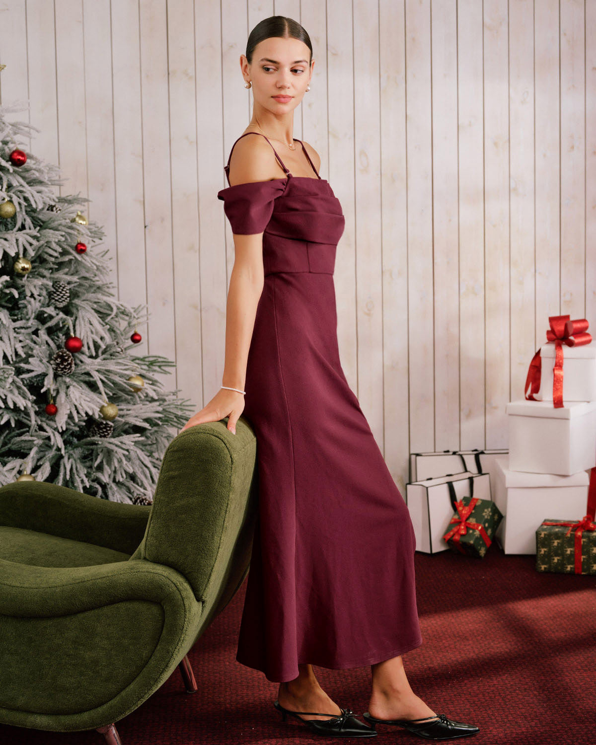 Off-the-Shoulder Maxi Dress in Wine Red