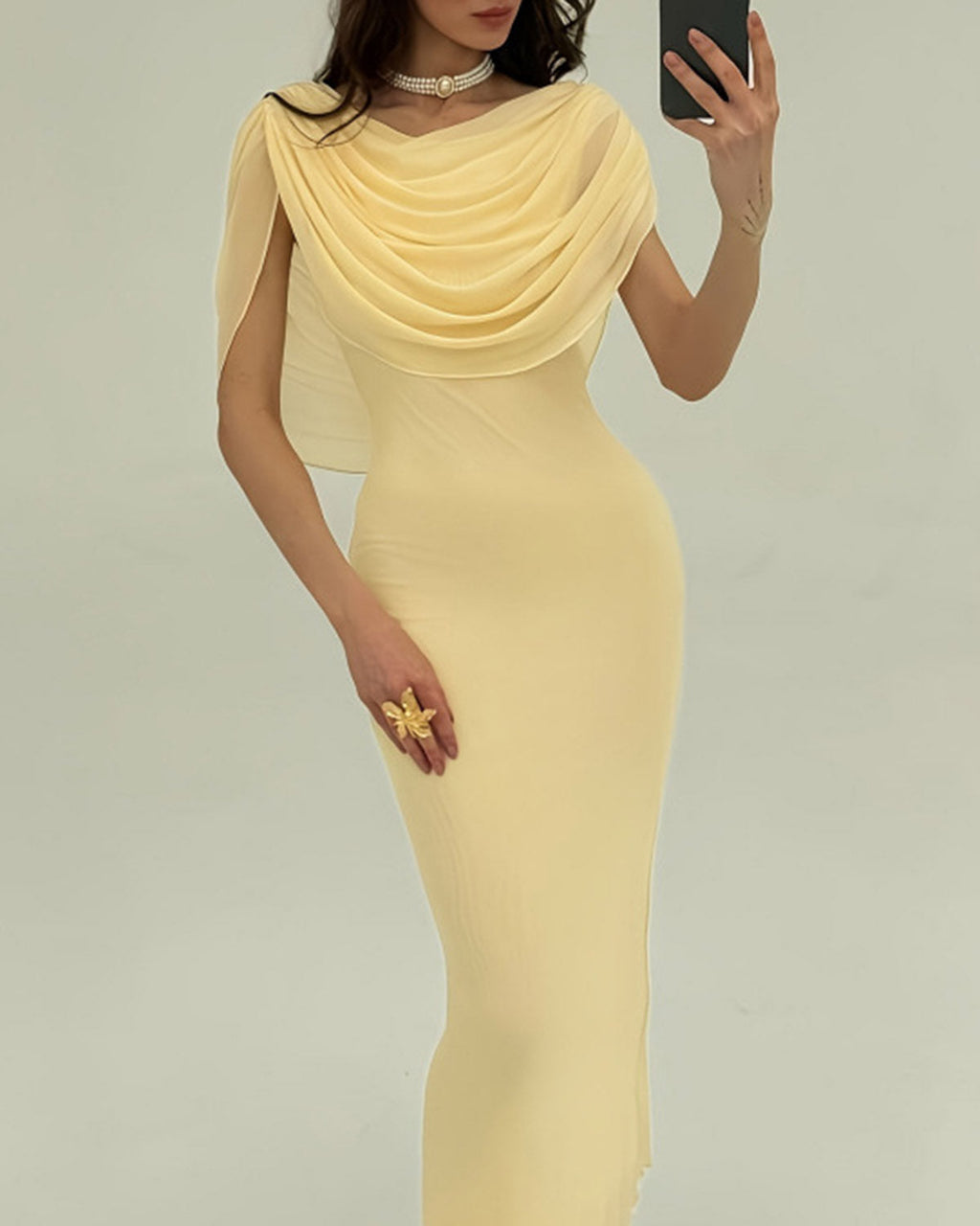 Yellow Sleeveless Maxi Dress with Cowl Neck