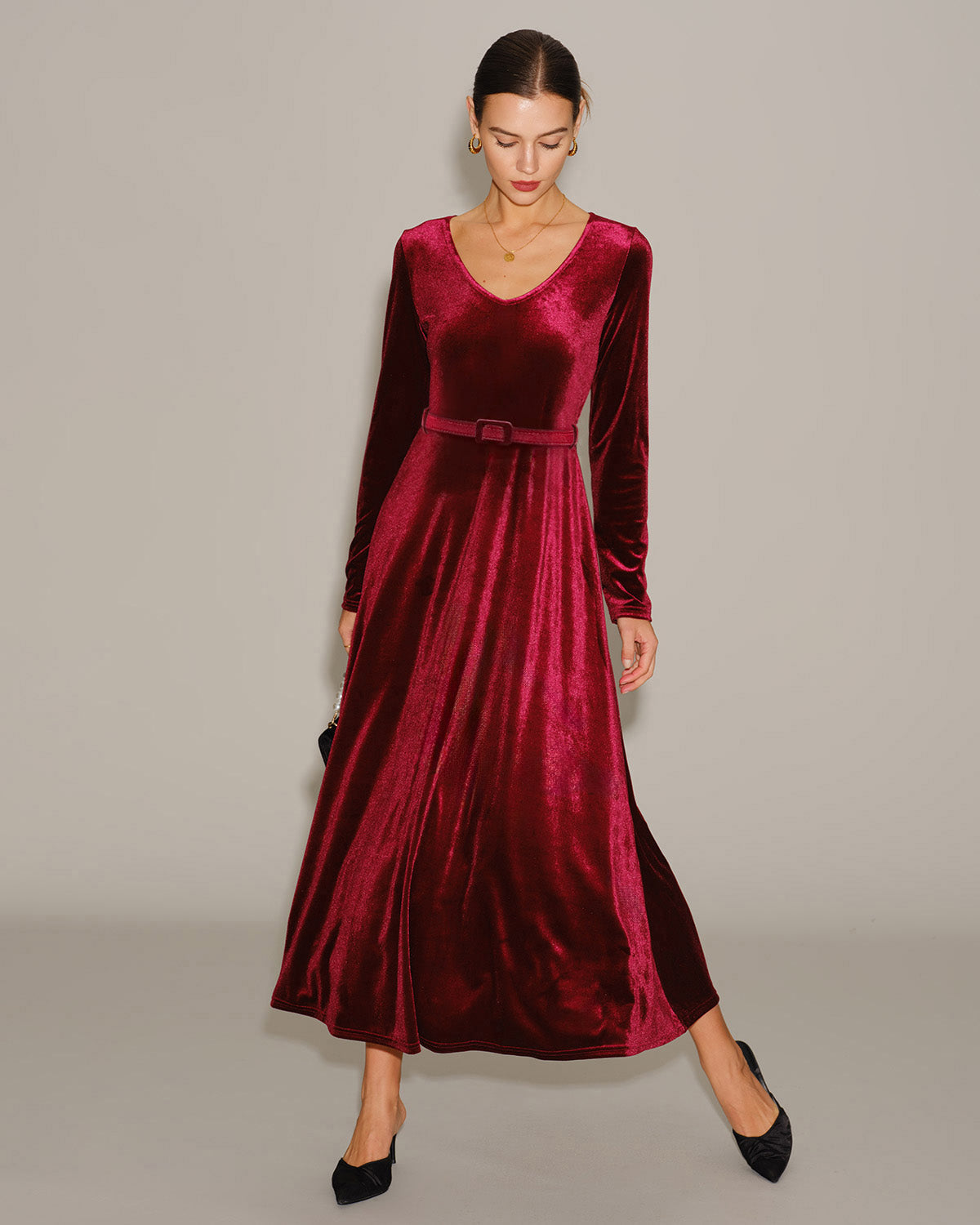 V Neck Maxi Dress in Wine Red Velour